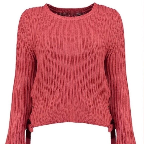 Round Neck Lace Up Sides Ribbed Texture Long Sleeve Sweater - Picture 4 of 4